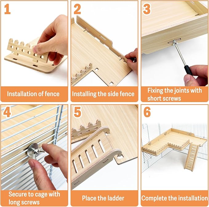 Fhiny Wooden Platform for Cage, Hanging Gerbil Climbing Platform with Ladder & Fence - Hamster Activity Playground Habitat Decor Cage Accessories for Dwarf Hamster, Gerbil, Mice, Rat, Mouse