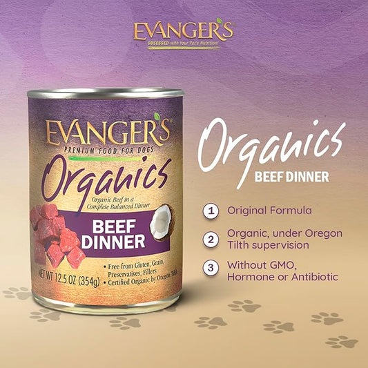 Evanger's Organics Beef Dinner for Dogs – 12 Count, 12.5 oz Each – Qualified Organic, Grain Free, GMO Free – Nutrient-Dense Recipe with Organic Vegetables – Wet Dog Food