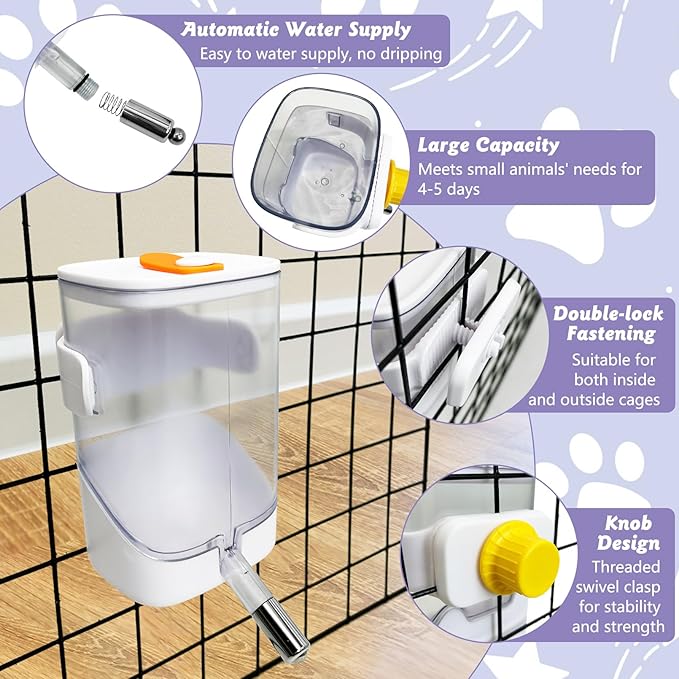24oz Automatic Rabbit Water Dispenser for Cage Hanging Guinea Pig Water Bottle No Drip Bunny Water Feeder for Ferret Rat Hamster Chinchillaand Other Small Animals (White)
