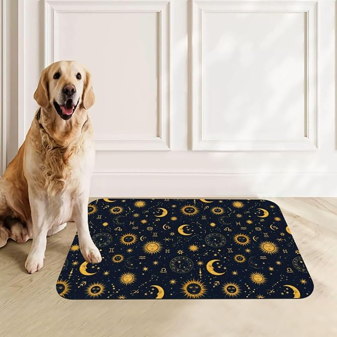 Boho Chic Art Golden Sun Moon and Stars Over Blue Black Sky Pet Mat for Food and Water Non Slip Easy Clean