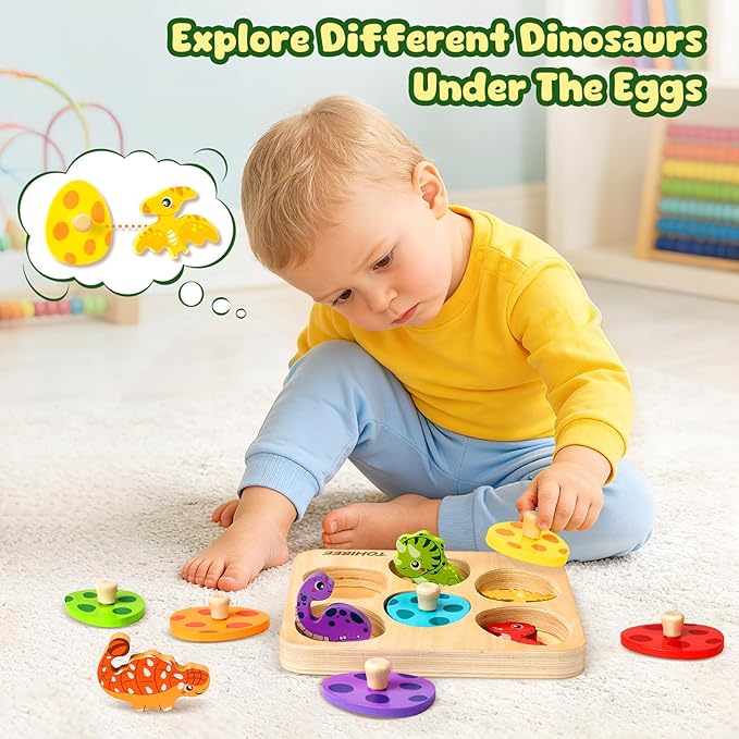 TOHIBEE Wooden Puzzles Montessori Toys for Toddlers 1-3, Dinosaur Eggs Peg Puzzles, Preschool Education Learning Toys for Boys and Girls, 6 Brightly Color Cute Dinosaur Shapes