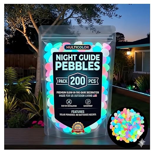 Glow in The Dark Garden Stones Pebbles Colorful, Night Guide Luminous Pebbles Rainbow Glow in the Dark Stepping Rocks Outdoor Landscaping Glowing Stones Fish Tank Aquarium Decor (Colorful, 200pcs)
