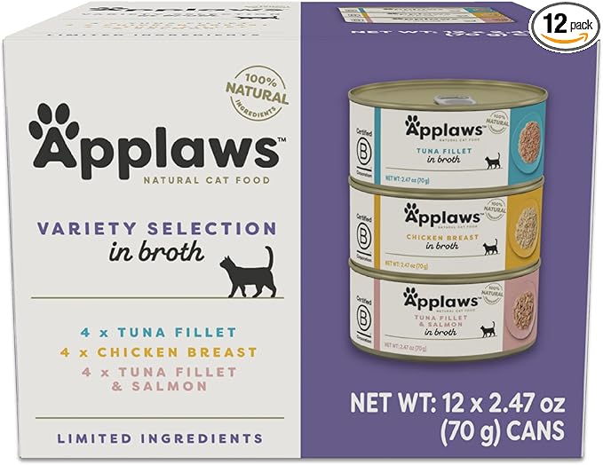 Applaws Natural Wet Canned Cat Food, Limited and Natural Ingreidents, High Protein with No Artificial Additives, Variety Pack in Broth (12 x 2.47oz Cans)