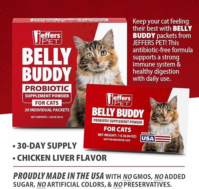 Jeffers Belly Buddy Cat Probiotic Powder Packets, 30 Count - Veterinary Formulated, Four Probiotic Strains & Vitamins for Gut Health, Diarrhea & Digestive Balance, Chicken Liver Flavor, USA Made