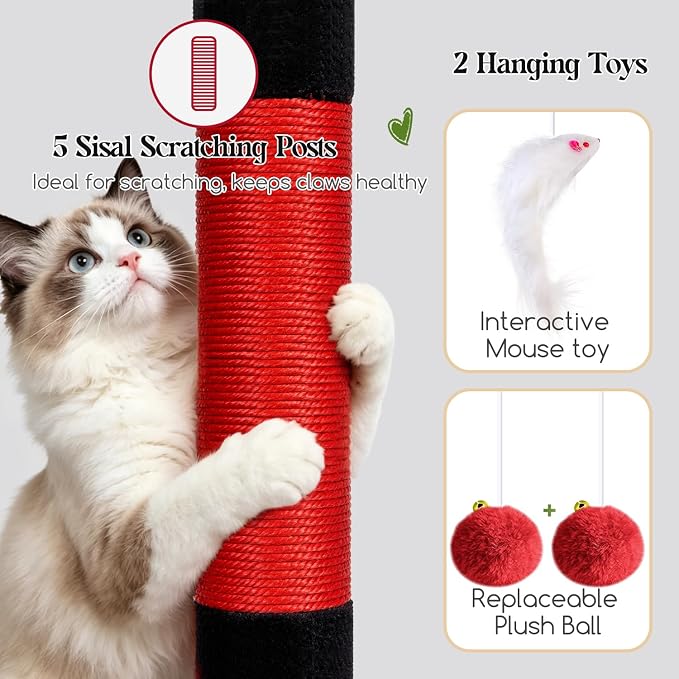 Globlazer Gothic Cat Tree Tower with 2 Spacious Condos for Multiple Indoor Cats, 52in Multi-Level Goth Cat Condo Tower with 5 Scratching Posts, Padded Perch, Big Basket, Widened Base, S52, Black Red