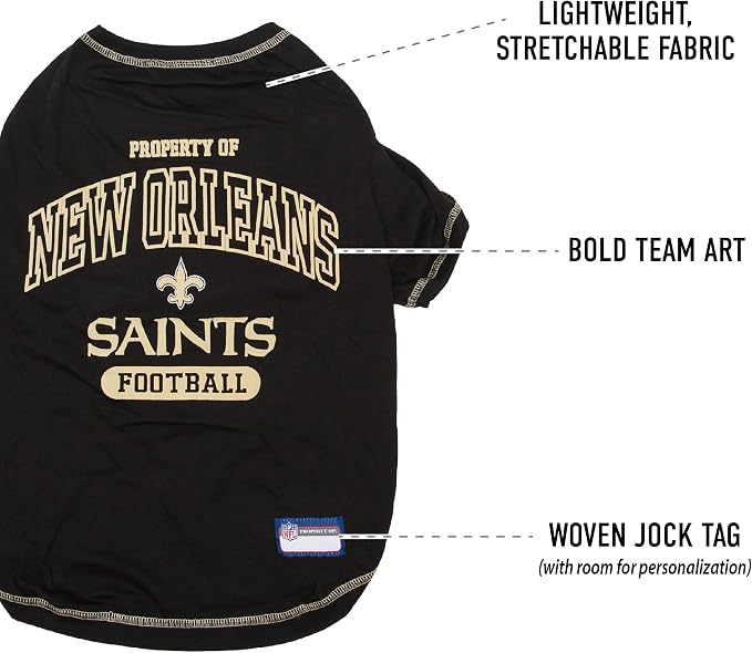 NFL New Orleans Saints Dog T-Shirt for Pets, Size Small. Officially Licensed Pet Shirt with Team Logo, Soft Stretchable Comfort Fit Apparel for Dogs & Cats