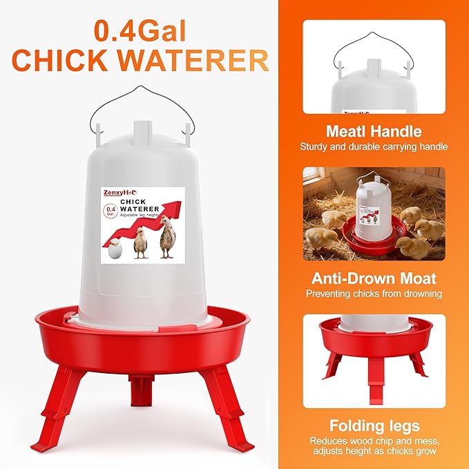2-in-1 Chick Starter Set: 0.4 Gal Top Filling Feeder and 0.4 Gal Waterer with Adjustable Legs for Baby Chicks, Includes Scoop, Hanging Hooks, Anti-Drown Design (Red)