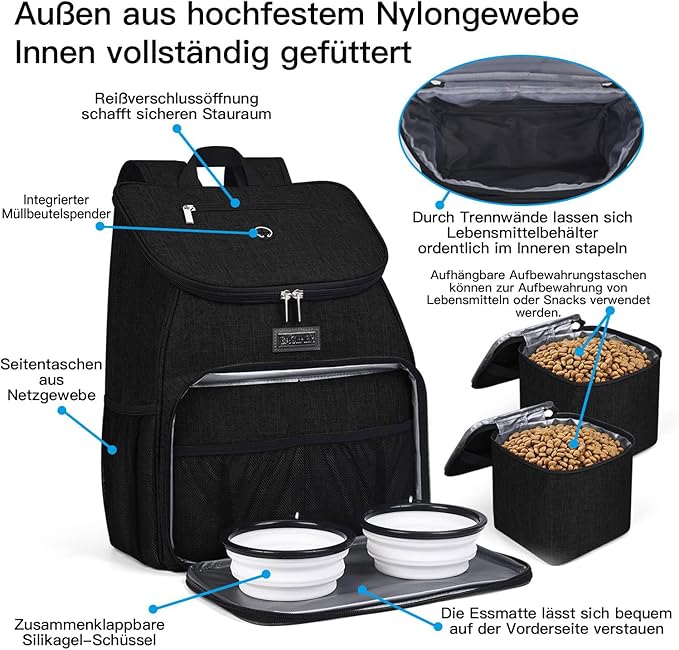 BAGLHER丨Dog Travel Bag, Airline Approved Pet Supplies Backpack, Dog Travel Backpack Accessories Set with 2 Silicone Collapsible Bowls and 2 Food Baskets. Black