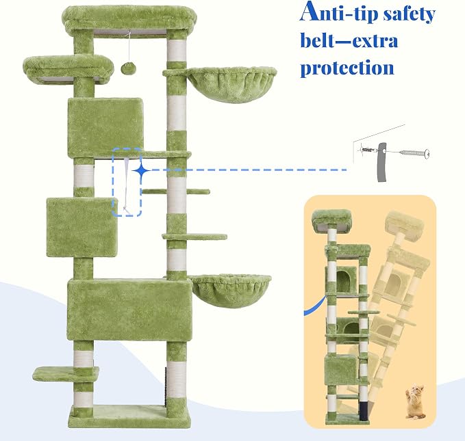 Hey-brother Cat Tree, 74 inches Multi-Level XL Large Cat Tower for Indoor Cats with Three Cat Condos, Two Large Top Decks and Cat Hairbrushfor Kittens, Cats and Pets, Green MPJ035-MGR