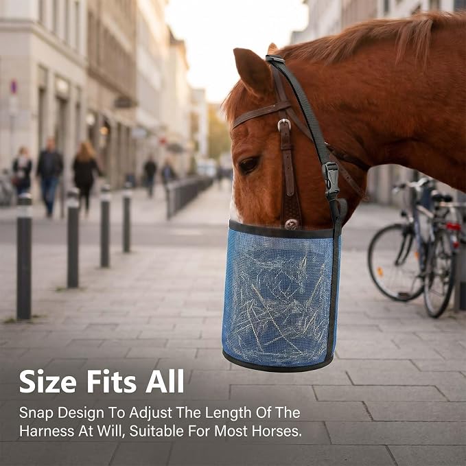 3 Pack Horse Feed Bag for Grain, Blue PVC Mesh Feed Bags for Horses with Adjustable Strap, Durable Feeder for Camping or Stable Use