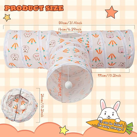BWOGUE Bunny Tunnels & Tubes Collapsible 3 Way Bunnys Hideout Small Animal Activity Tunnel Toys for Dwarf Rabbits Guinea Pigs Kitty
