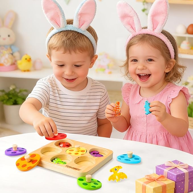 TOHIBEE Wooden Puzzles Montessori Toys for Toddlers 1-3, Dinosaur Eggs Peg Puzzles, Preschool Education Learning Toys for Boys and Girls, 6 Brightly Color Cute Dinosaur Shapes