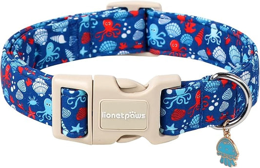 Lionet Paws Summer Blue Dog Collar- Cute Sea Shell Dog Collars with Plastic Buckle and Octopus Pendant,Light Adjustable Dog Collars for Medium Large Dogs
