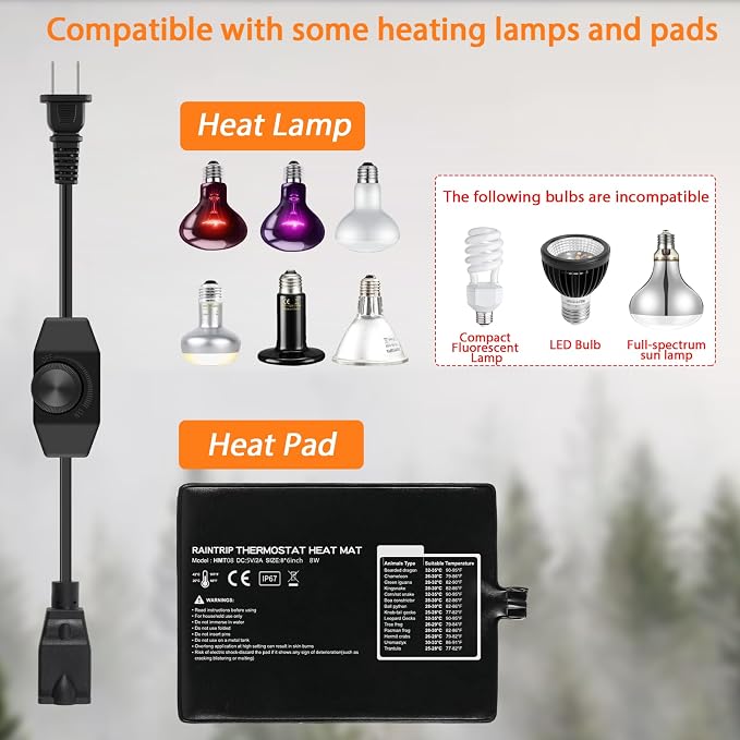 2Pcs Reptile Dimming Thermostat for Temperature Control, Dimmer Switches for Heating Pad & Heat Lamp, Reptile Knob Dimmer 200W MAX