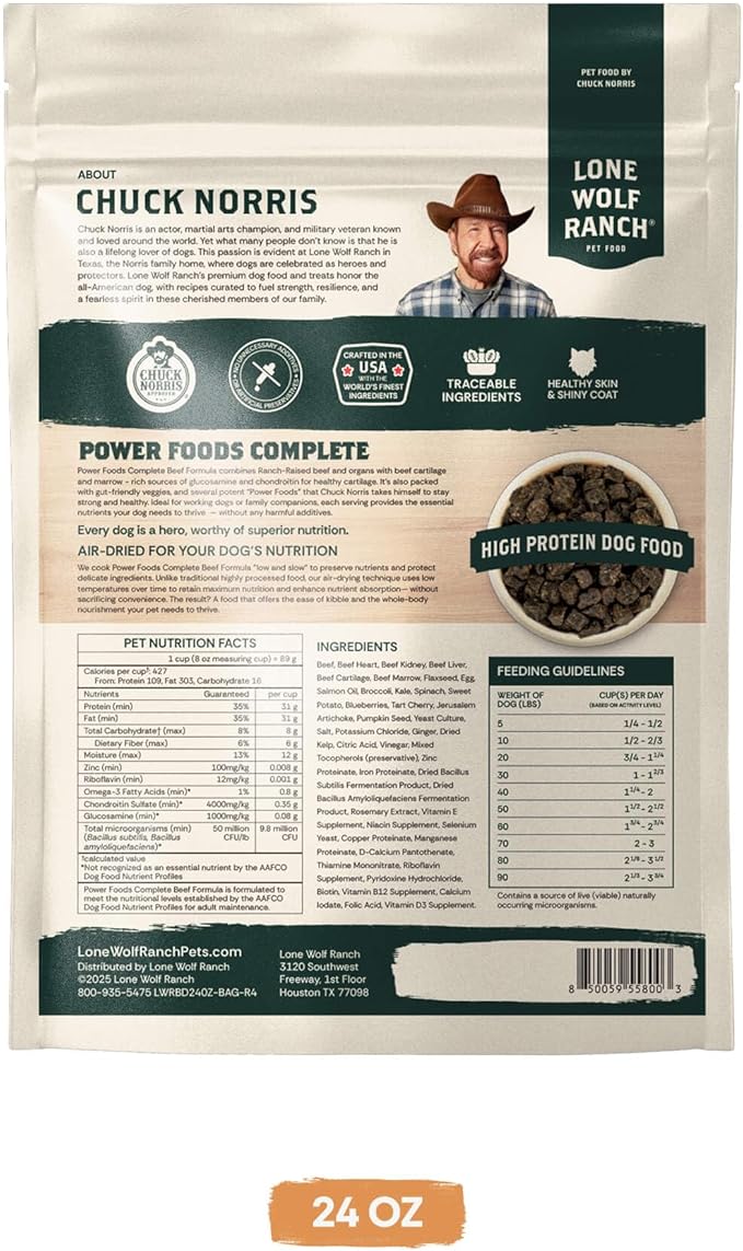 Chuck Norris Power Foods Complete Air-Dried Dog Food with High Protein, Superfoods, and Glucosamine (Beef, 24oz)