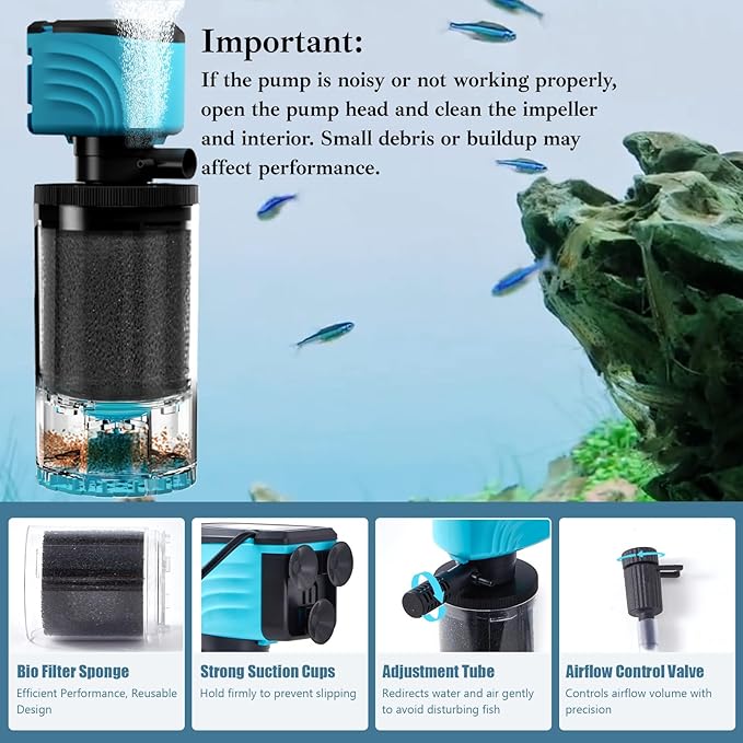 Submersible Aquarium Filter, Upgraded 15-50 Gallon Fish Tank Filter with Fish Guard, 220GPH Internal Whisper Pump, Fresh/Saltwater, Debris Tray, Check Valve