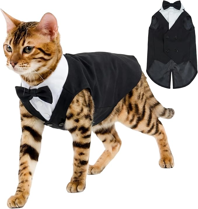 QBLEEV Cat Tuxedo Outfit with Bow Tie, Sphynx Cat Costume Formal Suit Wear | Soft breathable, stylish hairless clothes for cats only, kitten wedding birthday party shirt apparel for male boy