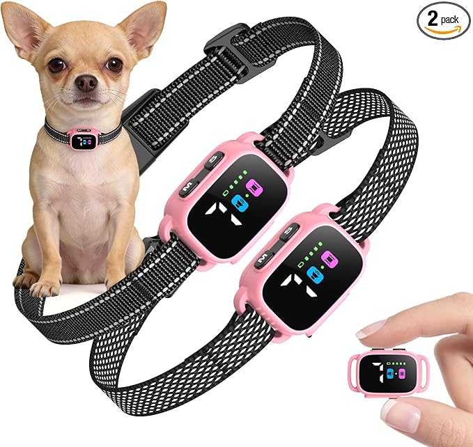 Anti Bark Collar for Small Dogs 2 Pack, No Shock Bark Collar with Beep & Vibration, 7 Sensitivity Levels, Rechargeable IP67 Waterproof Bark Collar for Small Dogs 5-30lbs, Pink