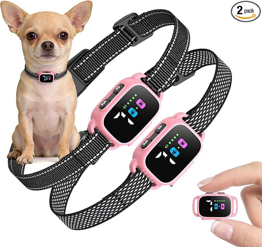 Anti Bark Collar for Small Dogs 2 Pack, No Shock Bark Collar with Beep & Vibration, 7 Sensitivity Levels, Rechargeable IP67 Waterproof Bark Collar for Small Dogs 5-30lbs, Pink