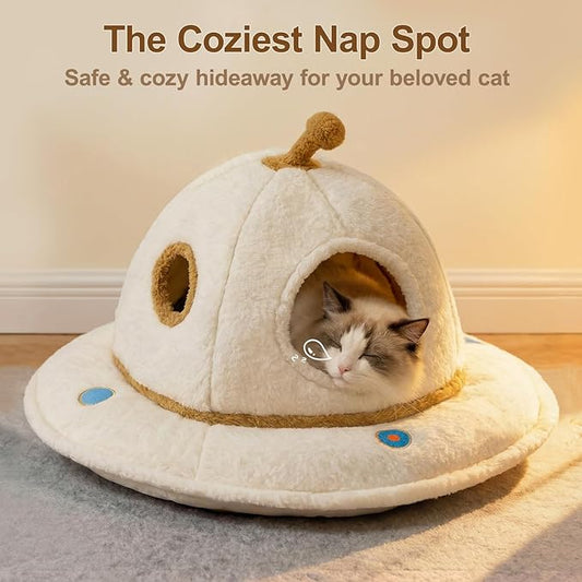 Cat Bed for Indoor Cats - 2 in 1 Large Cat Bed Cave Hideaway with Removable Washable Cushioned Pillow, UFO Cozy Pet Bed for Cats, Kittens & Multi-Cat Families (Up to 25 Lbs)