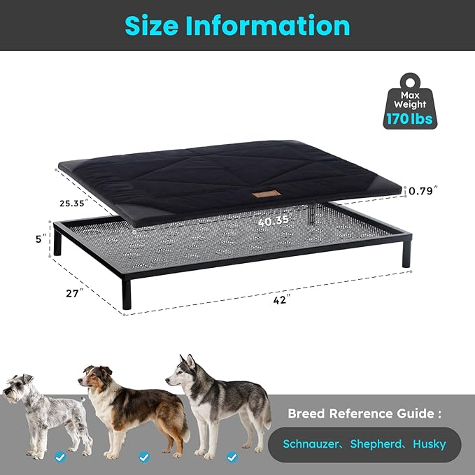 ZOMISIA Chew Proof Elevated Dog Bed for Large Dogs - Raised Pet Cot with Removable Waterproof Padded for Outdoor Use, Indestructible and Washable, 42" L x 27" W x 5" H, Black