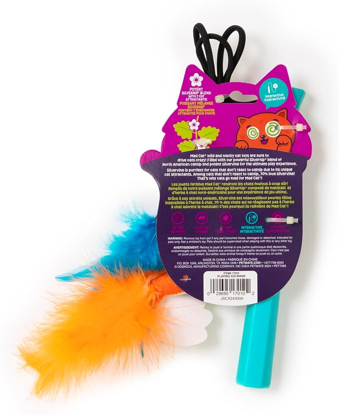 Mad Cat Playing Koi Retractable Feather Wand Cat Toy with Telescopic Handle | Extends and collapses for easy storage, swish to spark natural hunting instincts, chasing and leaping in felines every day