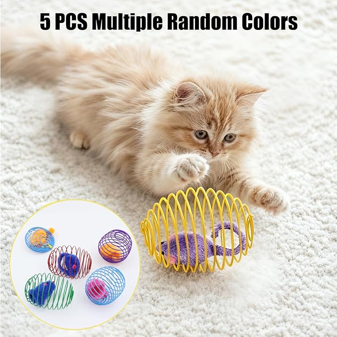 5 Pack Cat Spring Cage Balls with Plush Mouse - Interactive Wire Rattle Toy for Indoor Cats & Kittens - Durable Metal Rolling Mouse Toys for Bored Cats Exercise (Random Colors)