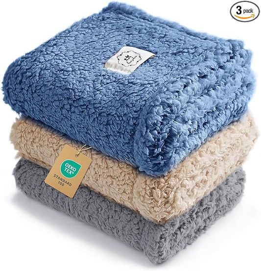 Luciphia 1 Pack 3 Calming Dog Blanket Fluffy Premium Fleece Pet Blankets Soft Sherpa Throw for Dogs Puppy Cat Grey/Beige/HazeBlue Medium (30" x20")