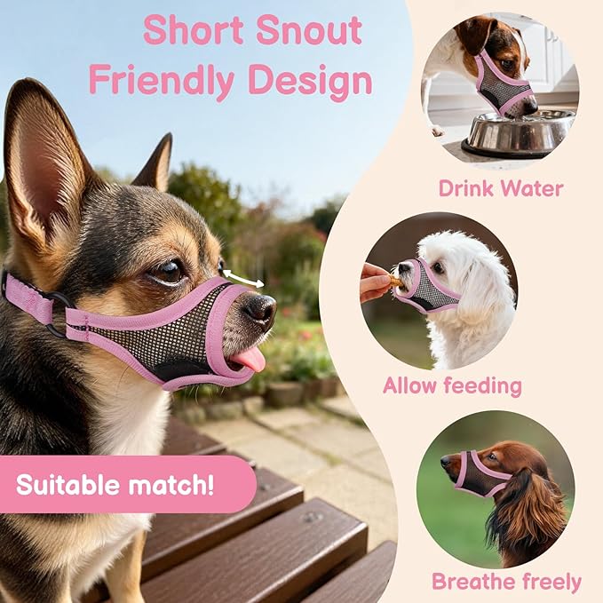 Mayerzon Mesh Dog Muzzle for Short Snout Small Dogs, Adjustable Muzzle for Chihuahua Yorkshire Shih Tzu, Prevent Fierce Barking Biting Eating, for Grooming Vet Visits, Allow to Pant Drink (Pink, XS)