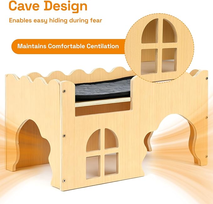 Wooden Guinea Pig Hideout Cave House, Guinea Pig Castle with Natural Cave-Style Entrance, Large Small Animal Habitat with Stairs, Waterproof Liner, Easy Assembly for Guinea Pigs, Rabbits & Hamsters