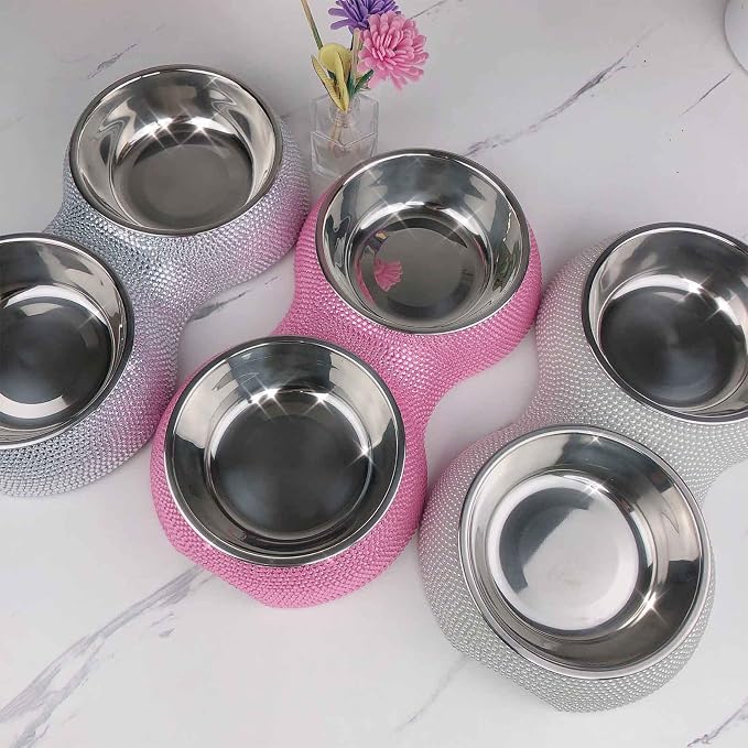 SAVORI Small Cat Bowls Pink, 320ML Handmade Bling Rhinestones Stainless Steel Pet Bowls Removable Double Food Water Feeder for Puppy Cats Dogs