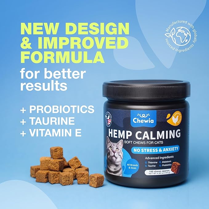 Cat Calming Treats - Hemp Calming Care for Cats - Cat Melatonin Soft Chews with Hemp Seed Oil and Probiotics - Cat Anxiety Relief - Storms, Travel, Grooming, Separation - Calming Chews for Cats