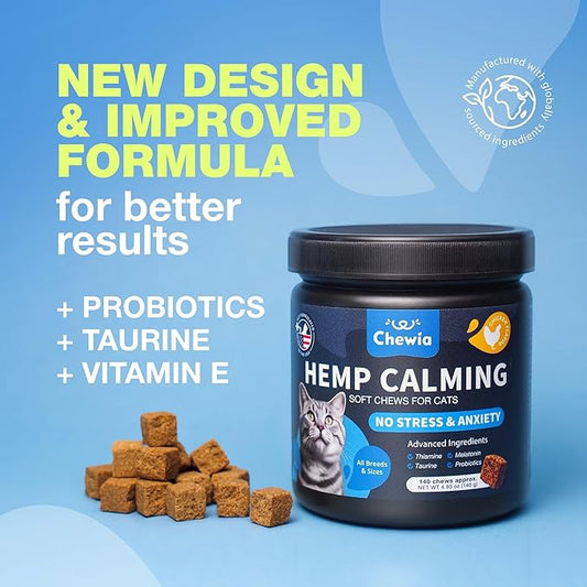 Cat Calming Treats - Hemp Calming Care for Cats - Cat Melatonin Soft Chews with Hemp Seed Oil and Probiotics - Cat Anxiety Relief - Storms, Travel, Grooming, Separation - Calming Chews for Cats