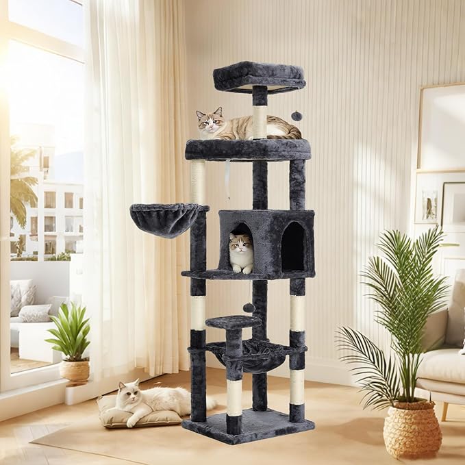 67-Inch Cat Tree with Bed, Hammock, Observation Deck, Plush Platform & Toy Ball for Indoor Cats (Grey)