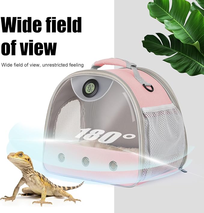 Bearded Dragon Travel Backpack Carrier with Reptile Thermometer and Humidity Gauge Lizard Travel Cage Space Capsule Clear Bubble Window Astronaut Reptile Bag for Ball Python (Pink, Carrier+I LSH)