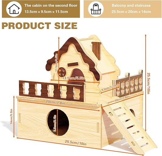 Wooden Hamster Platform and Dwarf Hamster House,Cute Syrian Hamster Tiny House Hideout,Large Balcony Lookout Holes,for Dwarf Gerbils and Mouse Mice Rat Other Small Animals(A)
