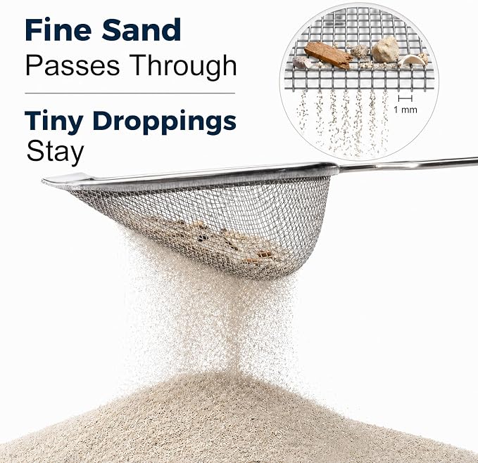 Stainless Steel Hamster Sand Scoop Set, 1mm Fine Mesh & Standard Scoop Combo, Small Pet Sand Bath Cleaner for Hamsters, Gerbils, Mice, Reptiles, Easy Sifting for Fine Sand