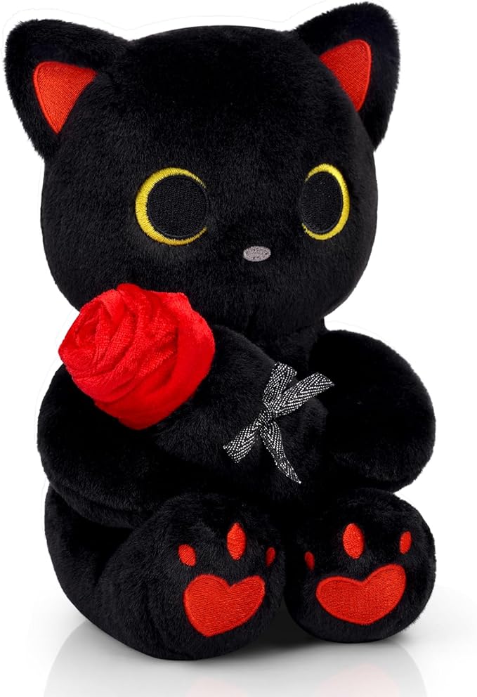 Black Cat Plush with Rose- 8" Kawaii Stuffed Cat Gifts for Women Cute Stuffed Animal for Kids & Adults, Mother Day Mom Birthday Wedding