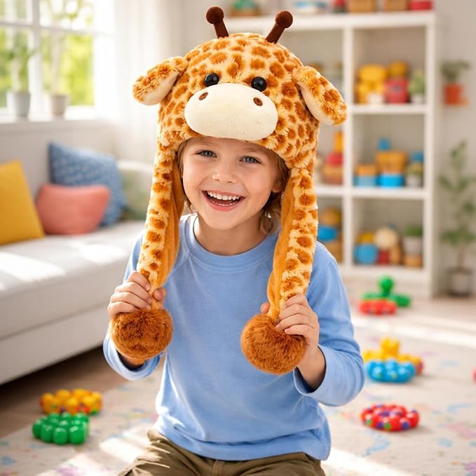 Bubblepompom Animal Hat with Ears Moving Jumping Pop Up Beating Hat Plush Holiday Cosplay Dress Up Funny Gift for Kids