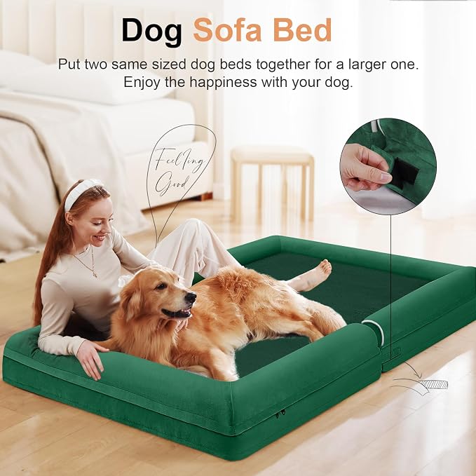 NANUYA Orthopedic Dog Bed for X-Large Dogs, 40 x 32 Inch, Emerald | Egg crate foam for joint support, 3-sided bolster pet sofa, waterproof lining, washable cover, and non-skid base