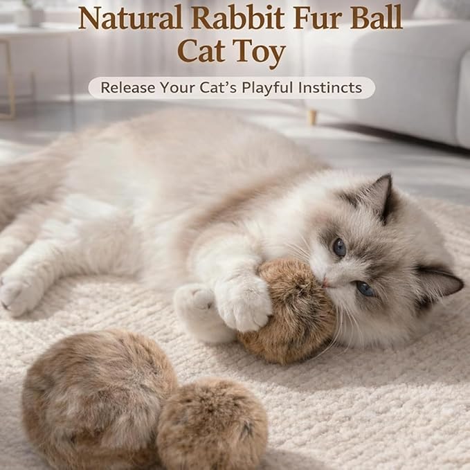 Rabbit Fur Pom-Pom Cat Toys, Soft and Fluffy Catnip-Filled Toy Balls, Perfect for Indoor Cats to Chase and Have Fun, Stimulating Their Hunting Instincts and Enhancing Bonding(3pcs)