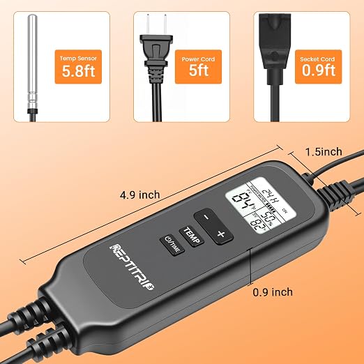 2 in 1 Reptile Dimming Thermostat with 2 Socket for Timer & Heating Control, Thermostat for Reptile Heat Lamp Heat Pad, PID Temperature Controller, Memory Function (Model: PT02T)