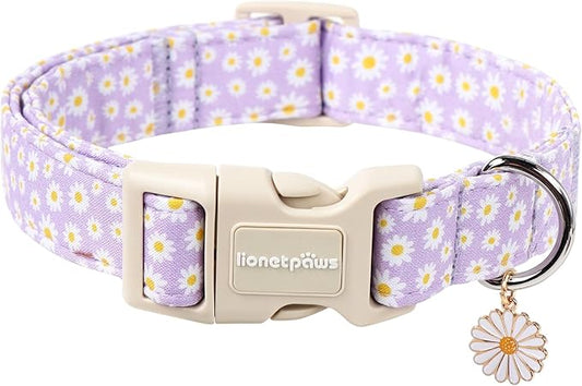 Lionet Paws Floral Dog Collar- Cute Daisy Purple Dog Collars with Plastic Buckle, Light Adjustable Dog Collars for Small Medium Dogs