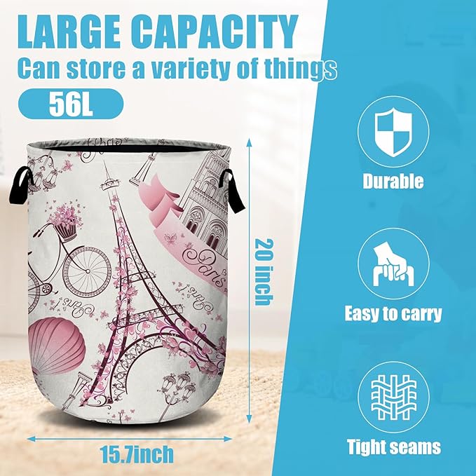 Romantic Paris Eiffel Tower Laundry Basket, Laundry Hamper Collapsible Oxford Cloth with Handle Clothes Storage Bin for Bathroom Laundry Room Bedroom 15.7 X 20 Inch