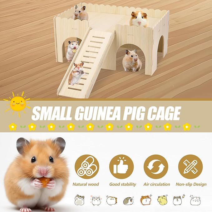 Large Guinea Pig Hideout,14.96 X 9.45 X 7.09in Wooden Hamster House with Stair Stable Guinea Pig House for Squirrel Hamster Small Animal