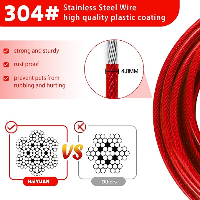 Dog Tie Out Cable 10/15/20/25/30 FT Runner for Yard - Steel Wire Cable With Durable Superior Clips - Red Chain for Outside Lead - Large Dogs Up to 165 lbs