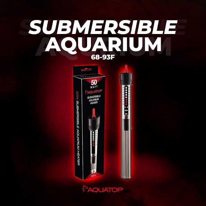 Aquatop 50W Aquarium Submersible Glass Heater – Adjustable Temperature 68-93°F – Fish Tanks Up to 13 Gal – for Freshwater & Saltwater Use – GH-50