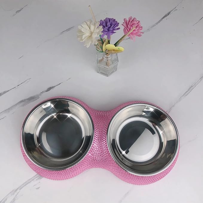 SAVORI Small Cat Bowls Pink, 320ML Handmade Bling Rhinestones Stainless Steel Pet Bowls Removable Double Food Water Feeder for Puppy Cats Dogs