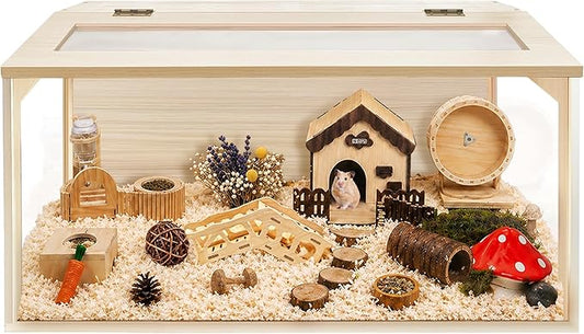 PROLEE Hamster Cage with Chewproof Wood Top, Guinea Pig Cages, Hamster Habitat with Clear Acrylic Sheets Solid Built, Small Animal Cage (Oak, 40X19.5X19.5 inch)