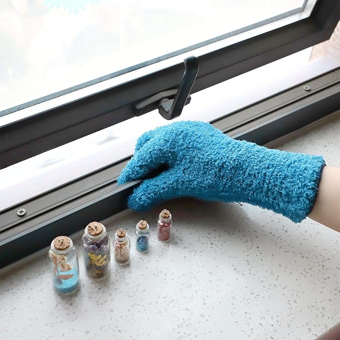 Patelai 2 Pairs Microfiber Gloves for plants Dusting Cleaning Glove Mittens House Cars Blinds Dusting(Blue, Grass Green,X-Large)